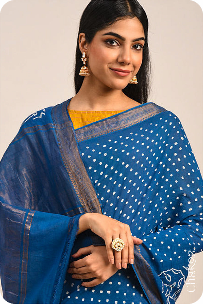 Indigo Blue Traditional Bandhani Mangalgiri Cotton Saree with zari border and pallu by Chakor.