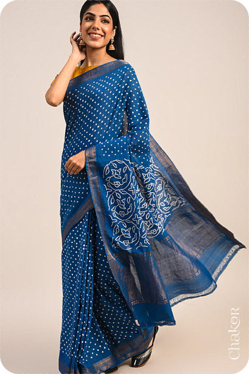 Indigo Blue Traditional Bandhani Mangalgiri Cotton Saree with zari border and pallu by Chakor.