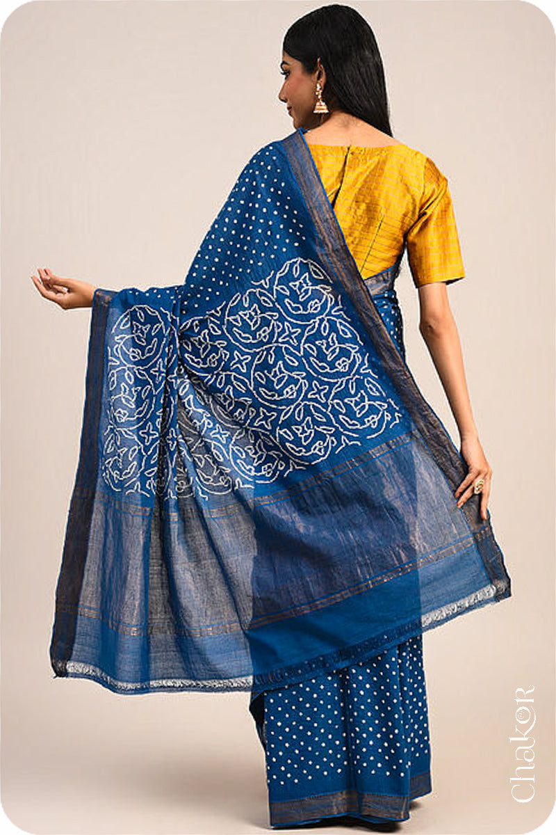 Indigo Blue Traditional Bandhani Mangalgiri Cotton Saree with zari border and pallu by Chakor.