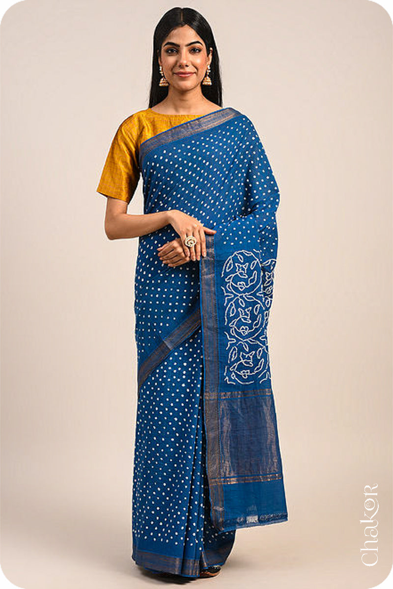 Indigo Blue Traditional Bandhani Mangalgiri Cotton Saree with zari border and pallu by Chakor.