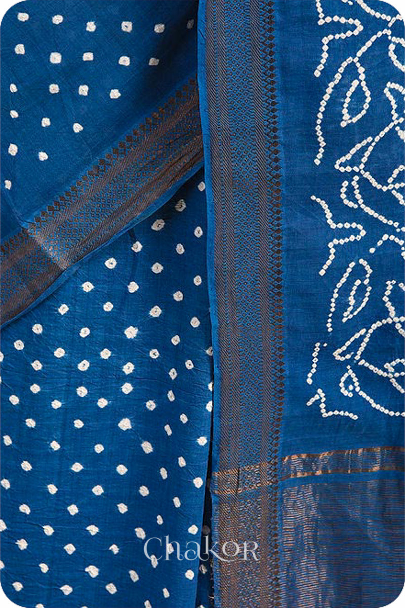 Indigo Blue Traditional Bandhani Mangalgiri Cotton Saree with zari border and pallu by Chakor.