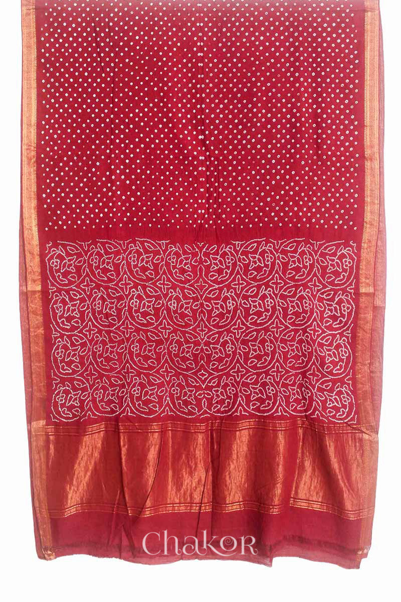 Red Traditional Bandhani Mangalgiri Cotton Saree with zari border and pallu by Chakor.