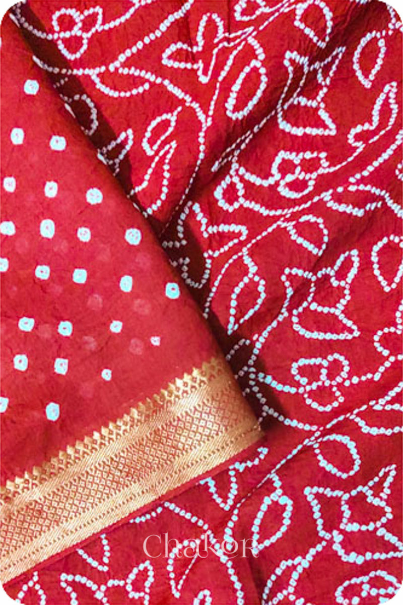 Red Traditional Bandhani Mangalgiri Cotton Saree with zari border and pallu by Chakor.