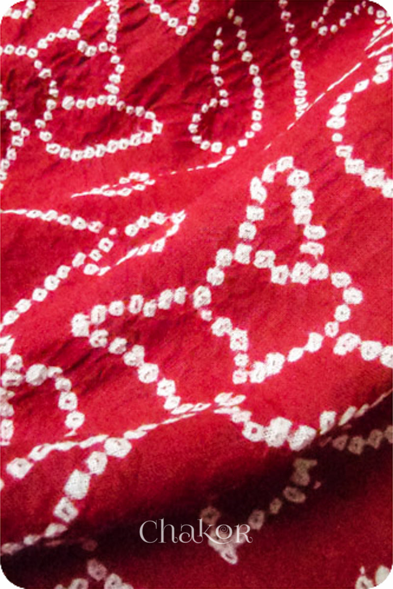 Red Traditional Bandhani Mangalgiri Cotton Saree with zari border and pallu by Chakor.