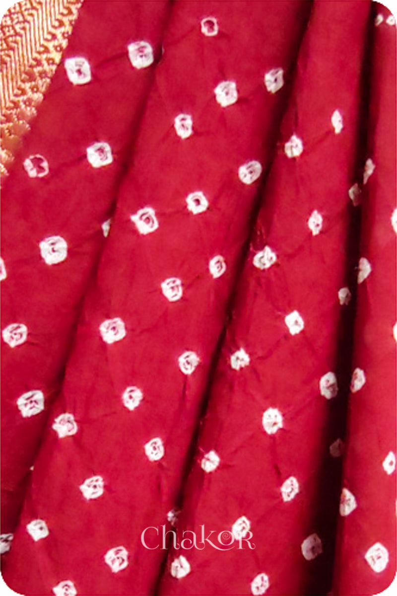 Red Traditional Bandhani Mangalgiri Cotton Saree with zari border and pallu by Chakor.