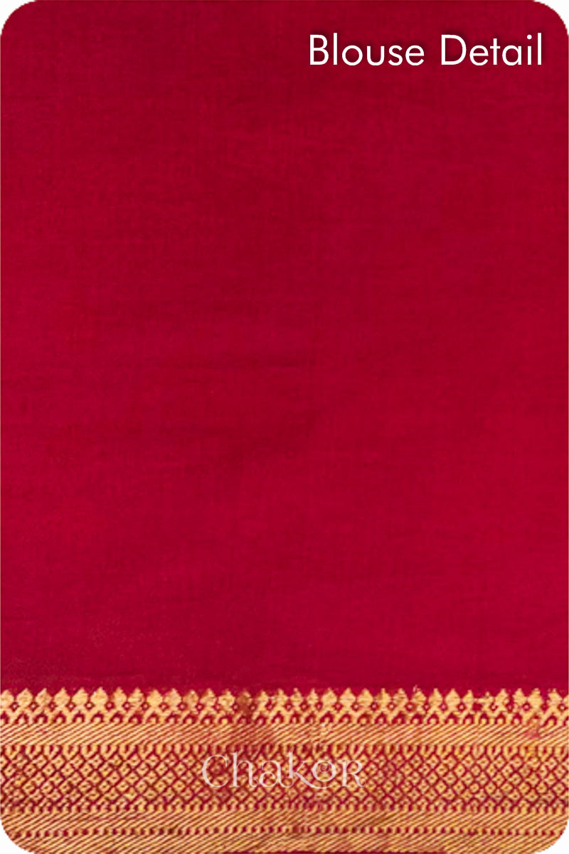 Red Traditional Bandhani Mangalgiri Cotton Saree with zari border and pallu by Chakor.