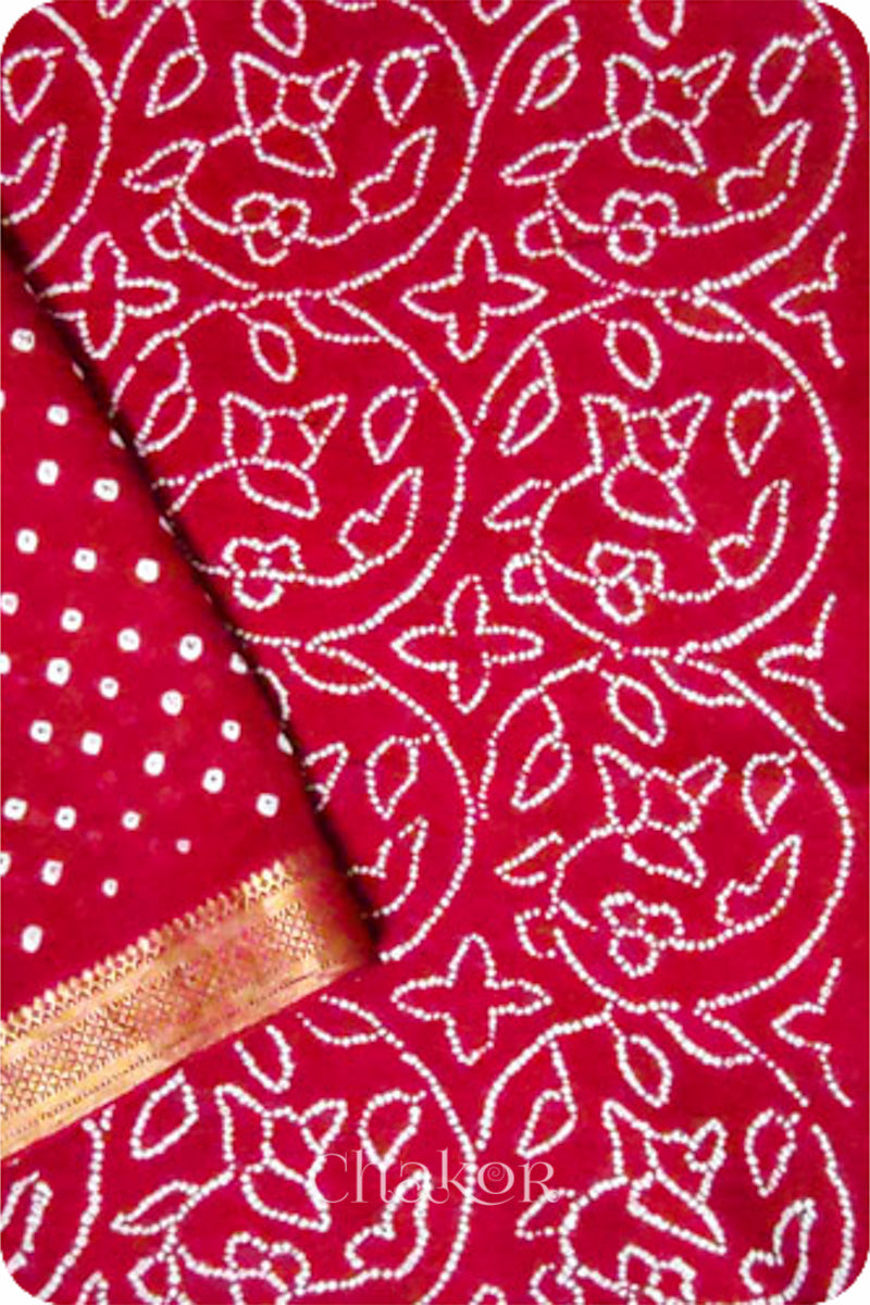 Red Traditional Bandhani Mangalgiri Cotton Saree with zari border and pallu by Chakor.