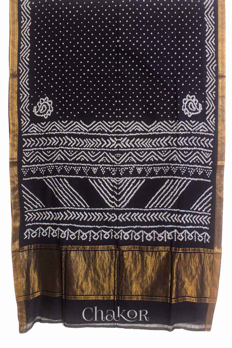 Black Bandhani Mangalgiri Cotton Saree with zari border and pallu by Chakor.