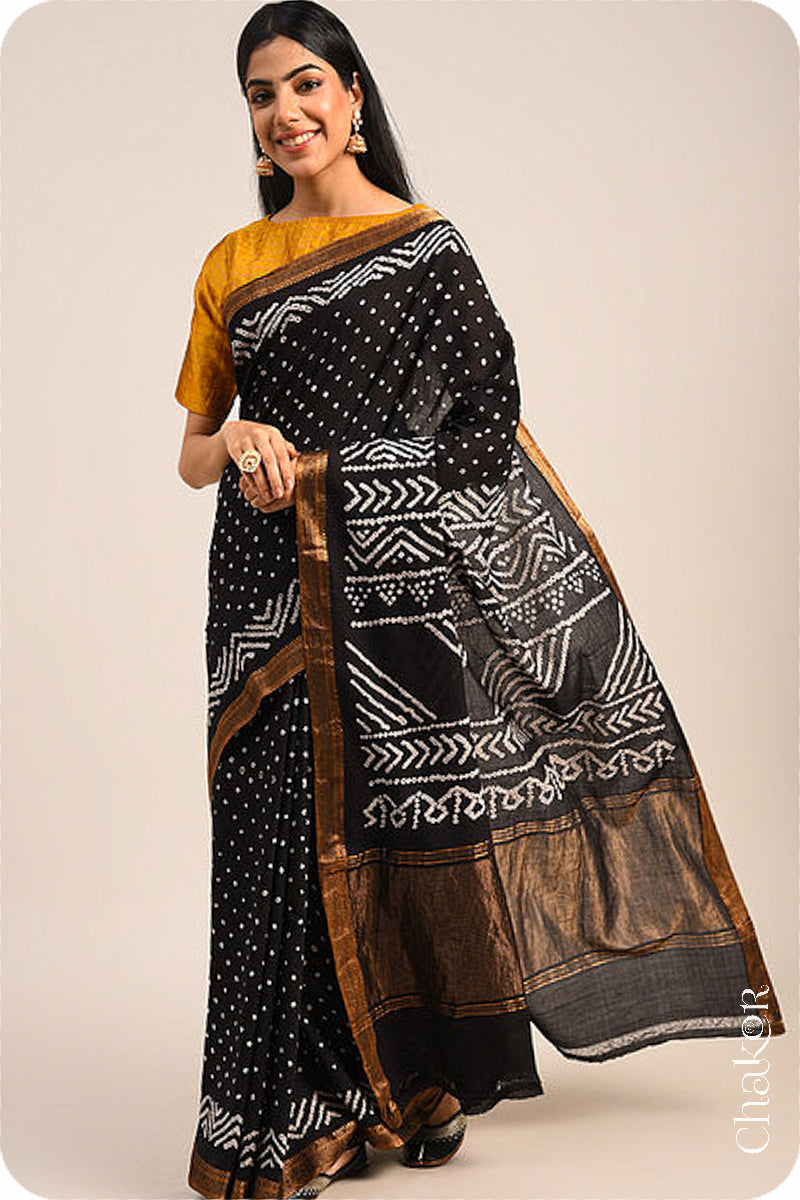 Black Bandhani Mangalgiri Cotton Saree with zari border and pallu by Chakor.