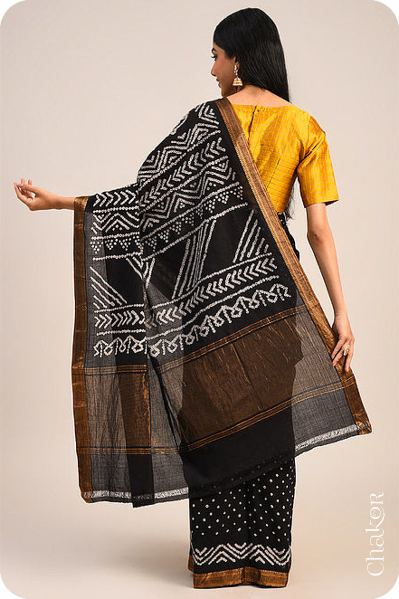 Black Bandhani Mangalgiri Cotton Saree with zari border and pallu by Chakor.