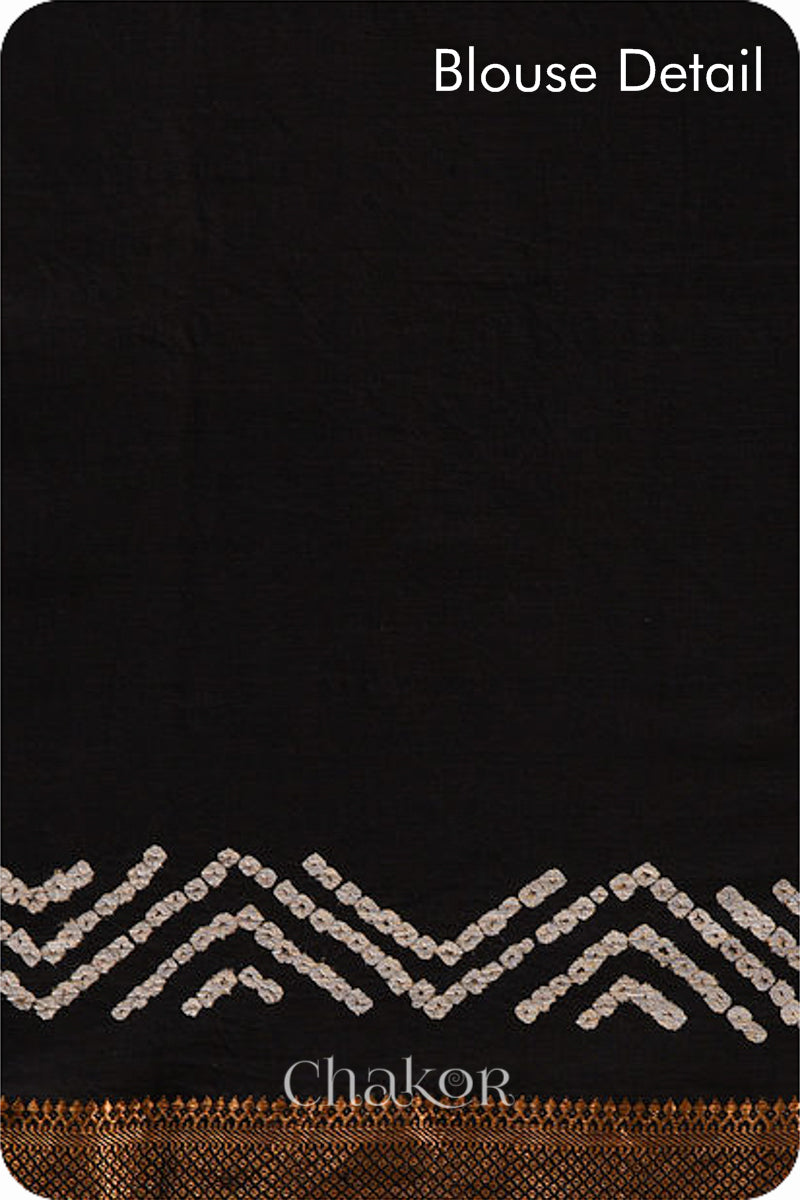 Black Bandhani Mangalgiri Cotton Saree with zari border and pallu by Chakor.