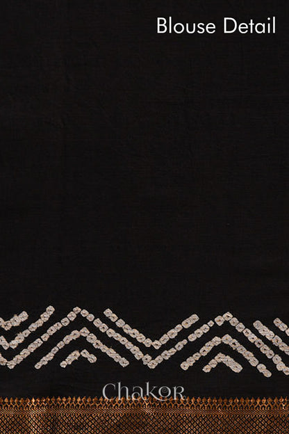 Black Bandhani Mangalgiri Cotton Saree with zari border and pallu by Chakor.