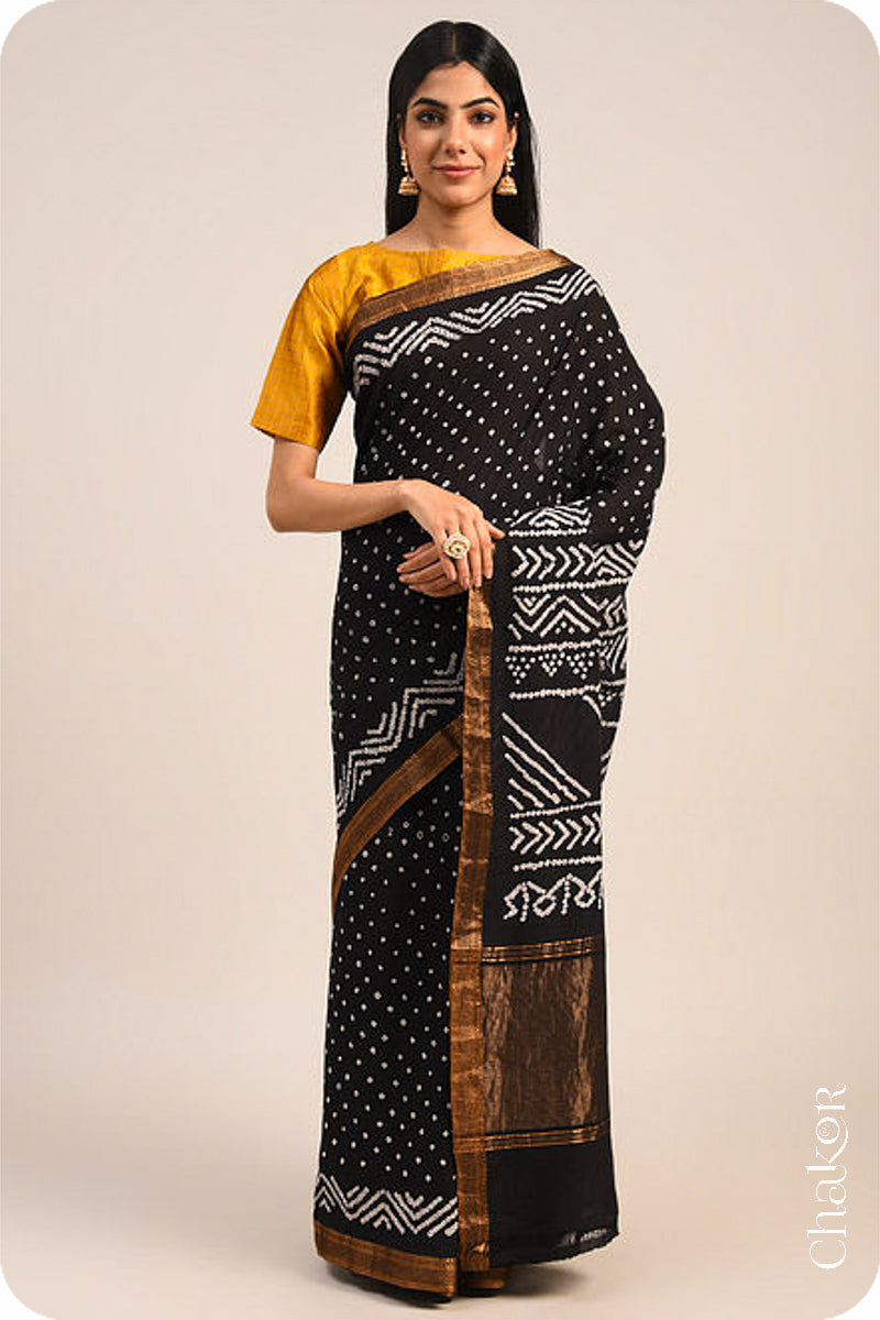 Black Bandhani Mangalgiri Cotton Saree with zari border and pallu by Chakor.