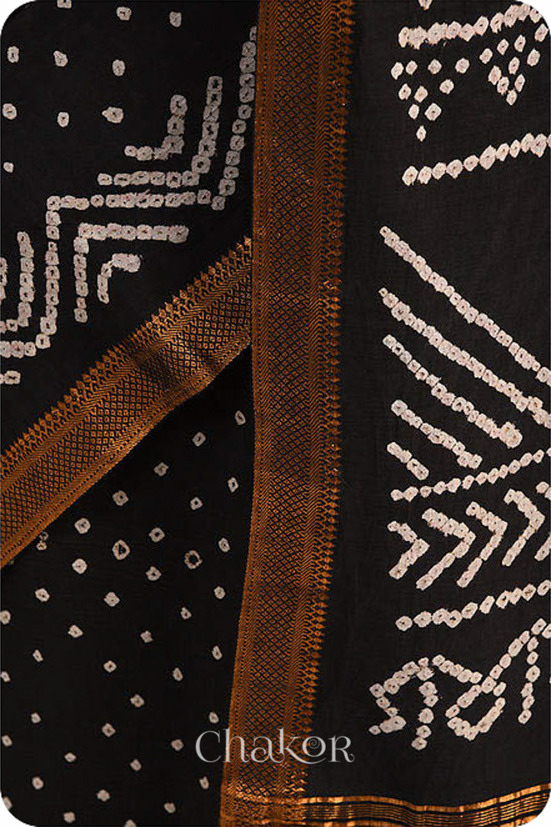 Black Bandhani Mangalgiri Cotton Saree with zari border and pallu by Chakor.