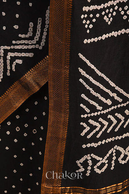 Black Bandhani Mangalgiri Cotton Saree with zari border and pallu by Chakor.