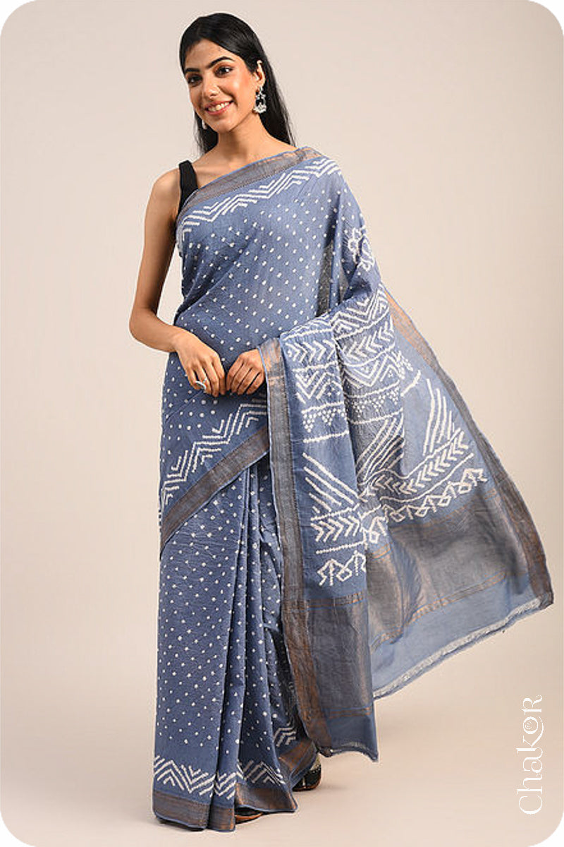 Grey Traditional Bandhani Mangalgiri Cotton Saree with zari border and pallu by Chakor.