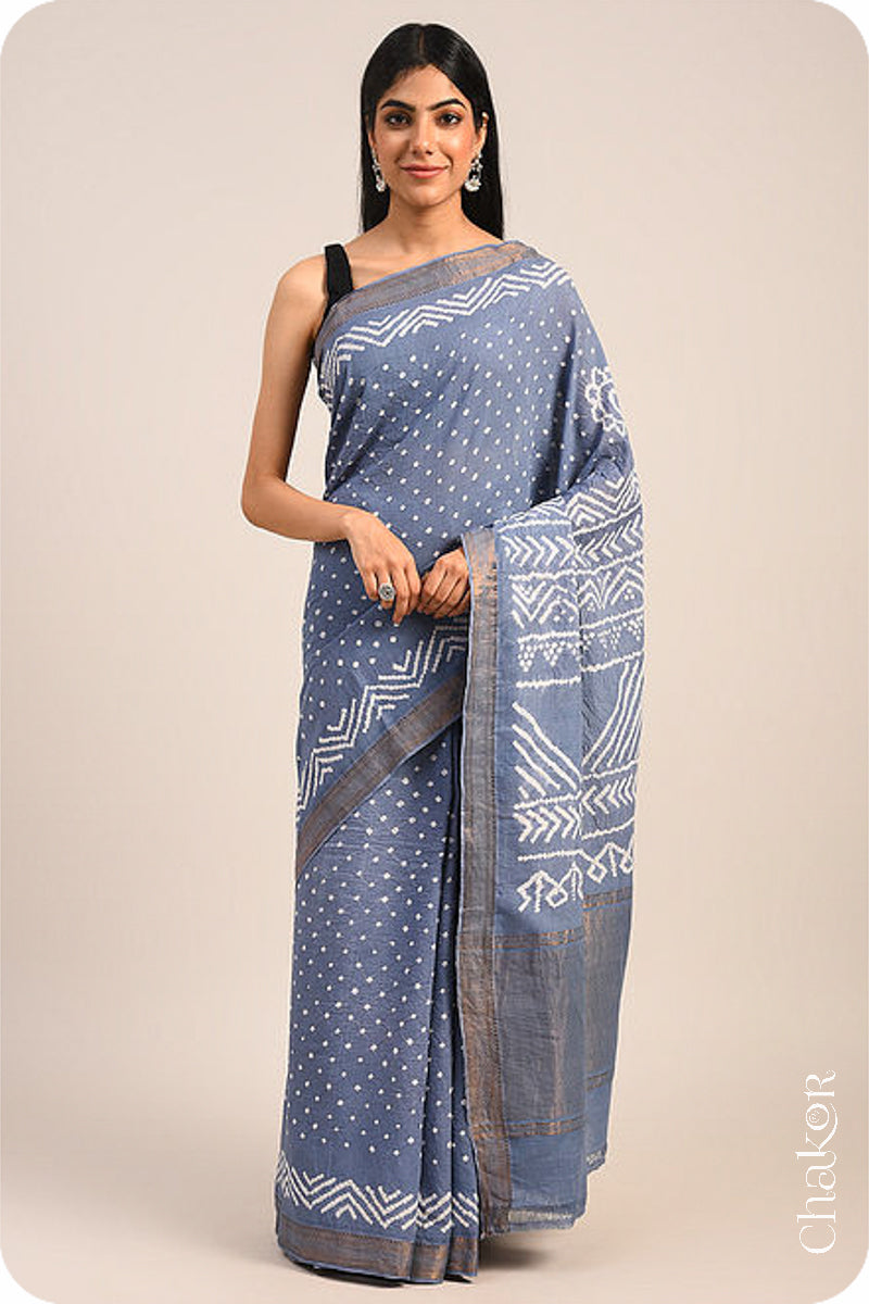 Grey Traditional Bandhani Mangalgiri Cotton Saree with zari border and pallu by Chakor.