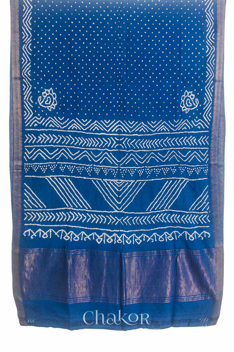 Indigo Blue Traditional Bandhani Mangalgiri Cotton Saree with zari border and pallu by Chakor.