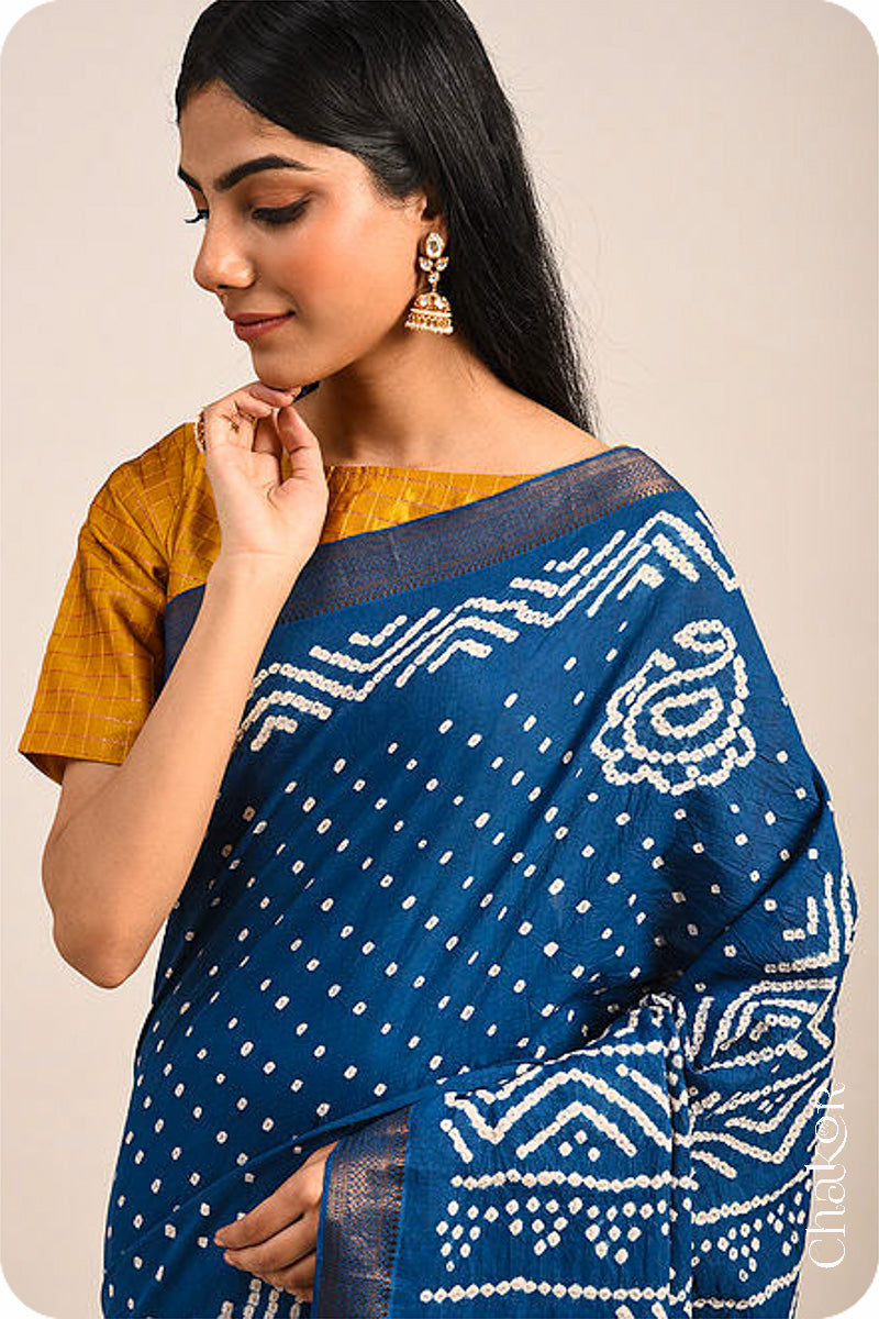 Indigo Blue Traditional Bandhani Mangalgiri Cotton Saree with zari border and pallu by Chakor.