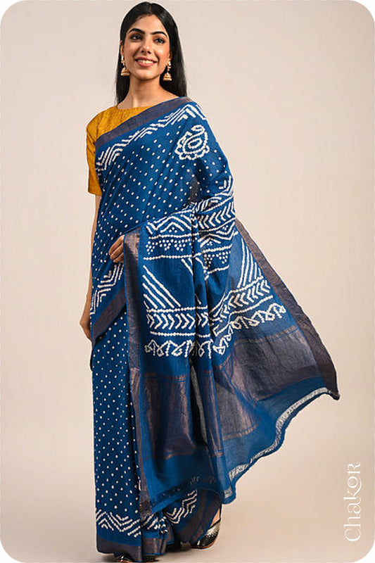 Indigo Blue Traditional Bandhani Mangalgiri Cotton Saree with zari border and pallu by Chakor.