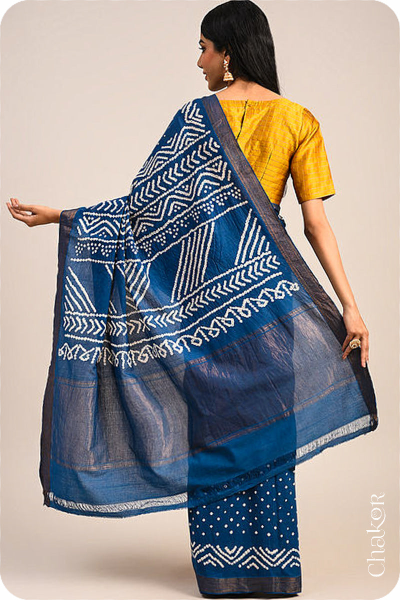 Indigo Blue Traditional Bandhani Mangalgiri Cotton Saree with zari border and pallu by Chakor.