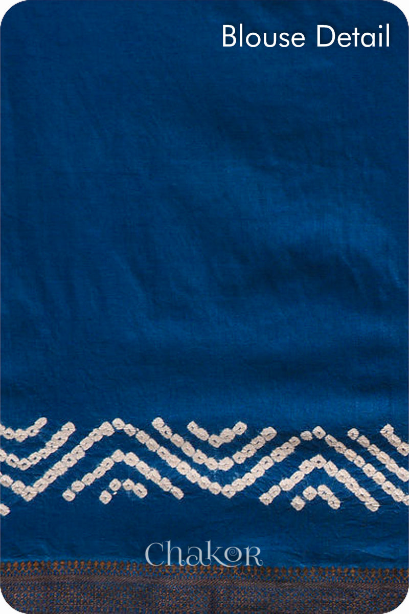 Indigo Blue Traditional Bandhani Mangalgiri Cotton Saree with zari border and pallu by Chakor.