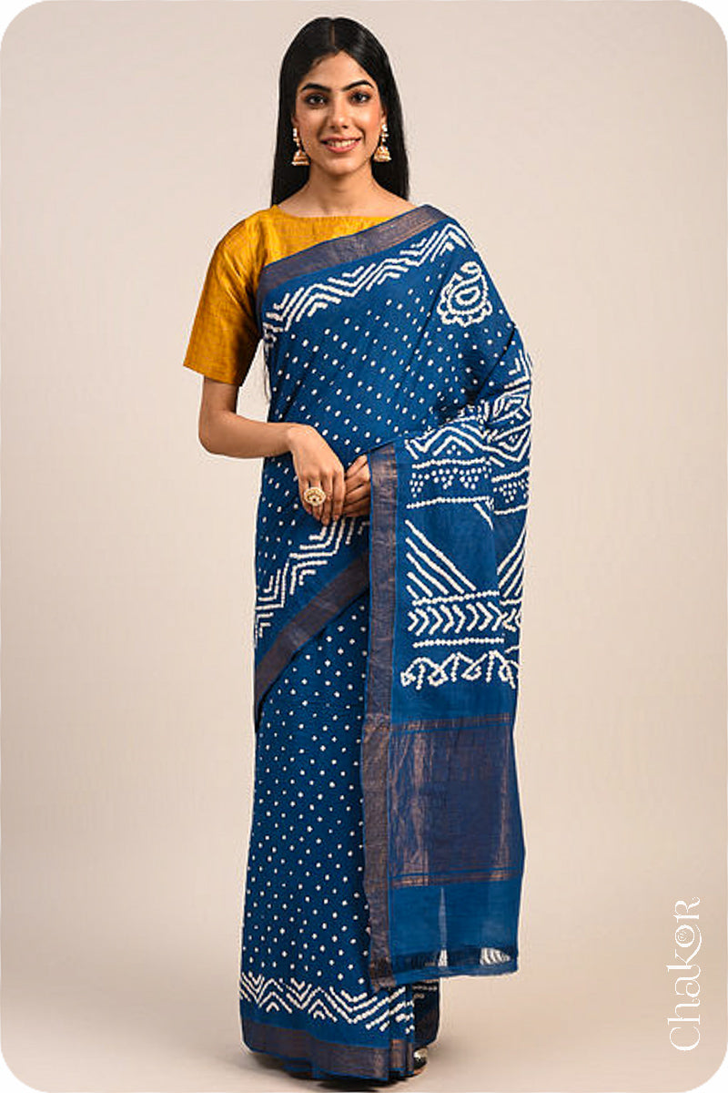 Indigo Blue Traditional Bandhani Mangalgiri Cotton Saree with zari border and pallu by Chakor.