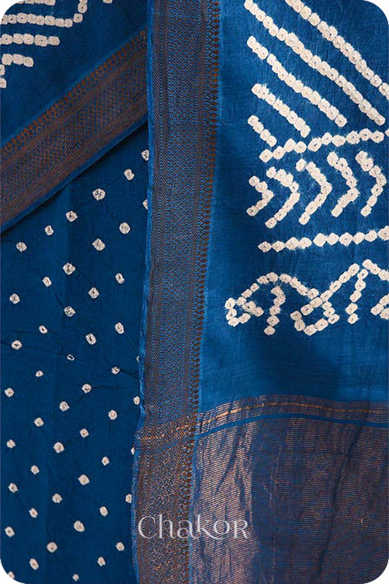 Indigo Blue Traditional Bandhani Mangalgiri Cotton Saree with zari border and pallu by Chakor.