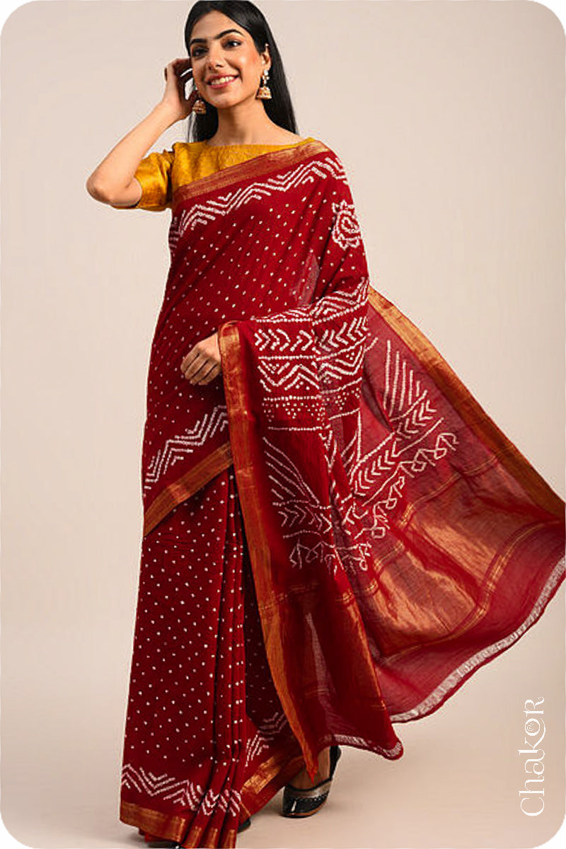 Red Traditional Bandhani Mangalgiri Cotton Saree with zari border and pallu by Chakor.