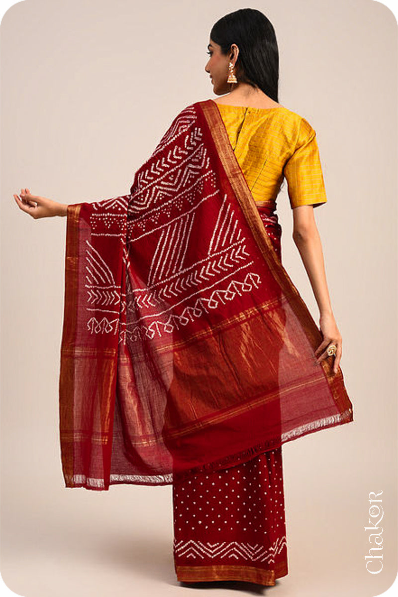 Red Traditional Bandhani Mangalgiri Cotton Saree with zari border and pallu by Chakor.