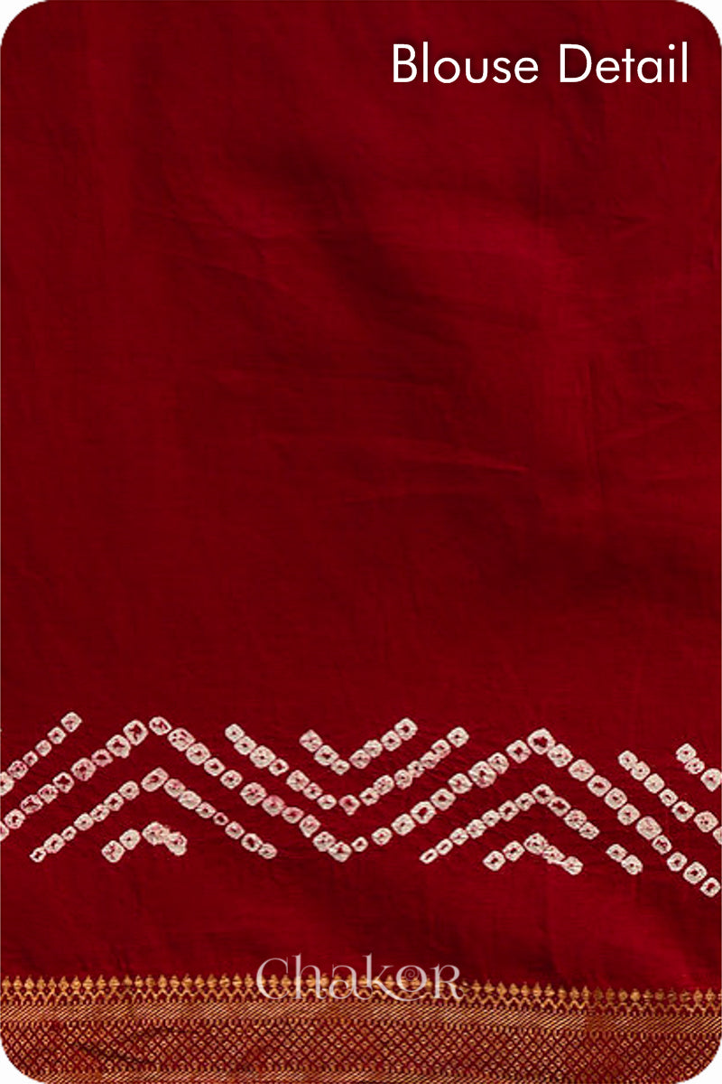 Red Traditional Bandhani Mangalgiri Cotton Saree with zari border and pallu by Chakor.