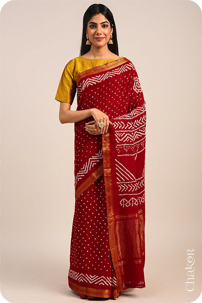 Red Traditional Bandhani Mangalgiri Cotton Saree with zari border and pallu by Chakor.