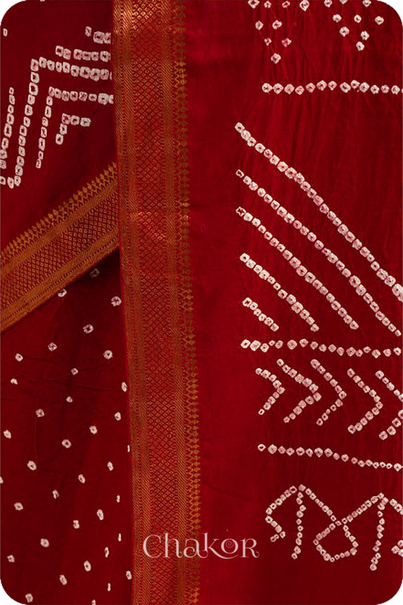 Red Traditional Bandhani Mangalgiri Cotton Saree with zari border and pallu by Chakor.