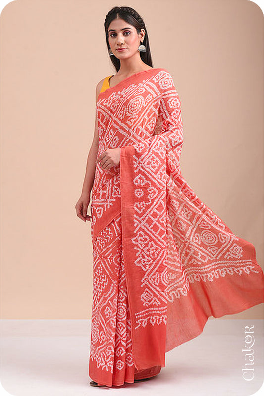 Peach Bandhani Mul Cotton Saree