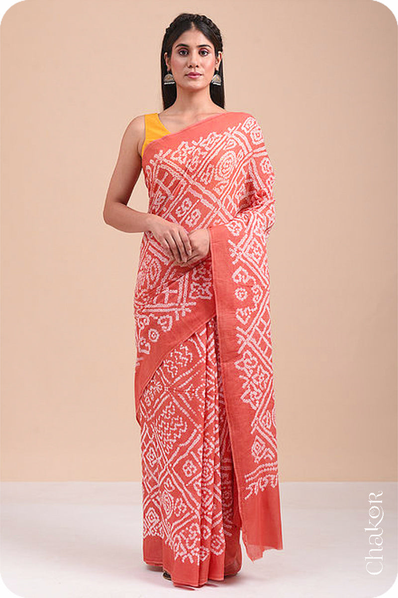 Traditional Peach Bandhani Mul Cotton Saree by Chakor.