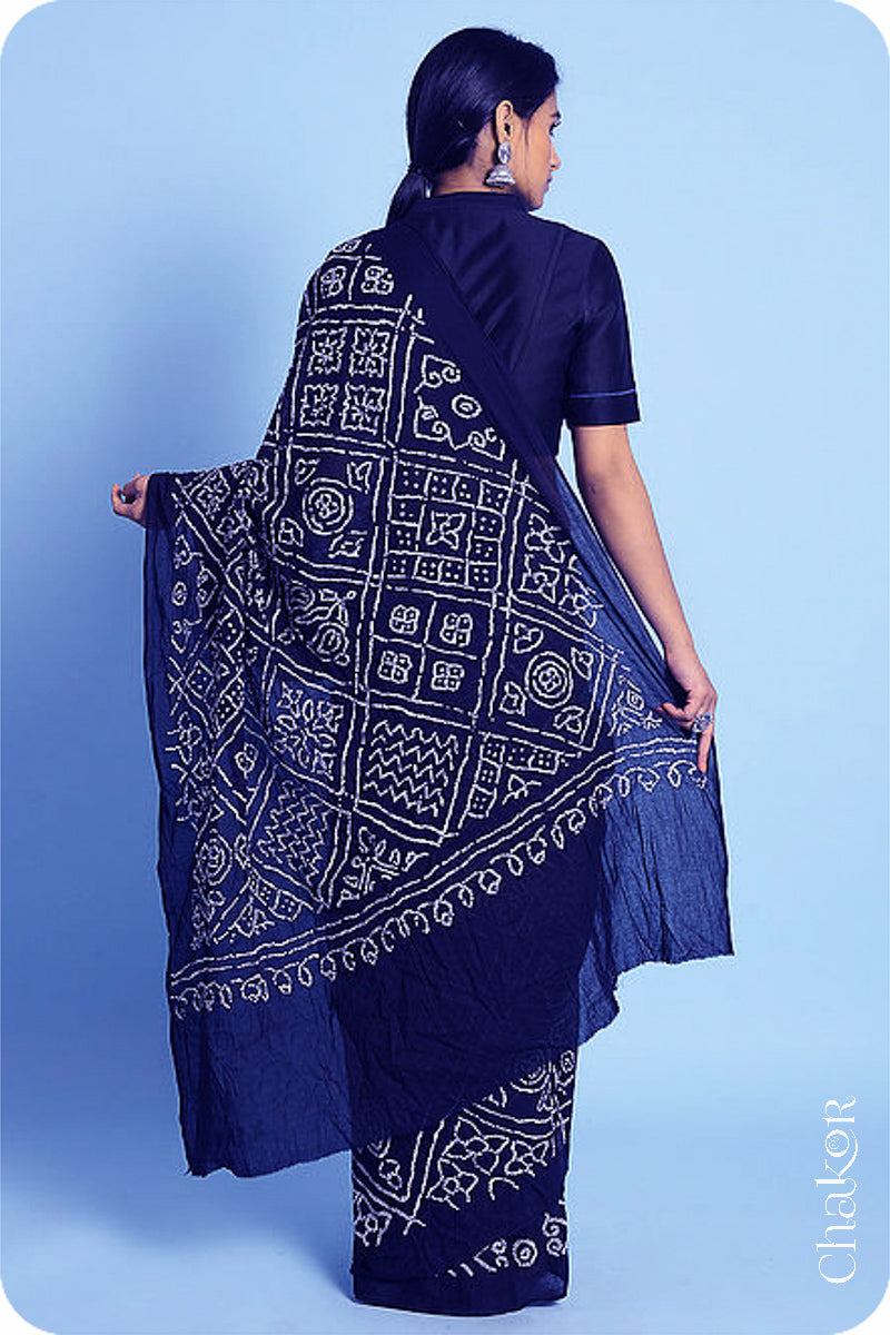 Traditional Navy Bandhani Mul Cotton Saree by Chakor.