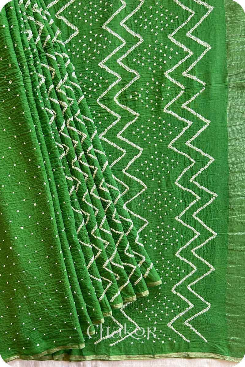 Mehendi Green Bandhani Khadi Cotton Saree for Women's clothing online by Chakor.