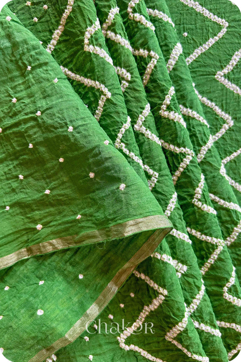 Mehendi Green Bandhani Khadi Cotton Saree for Women's clothing online by Chakor.