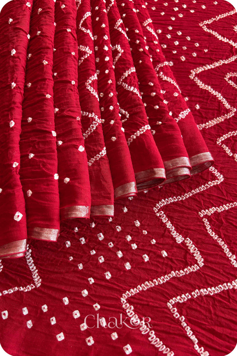 Red Bandhani Khadi Cotton Saree for Women's clothing online by Chakor.