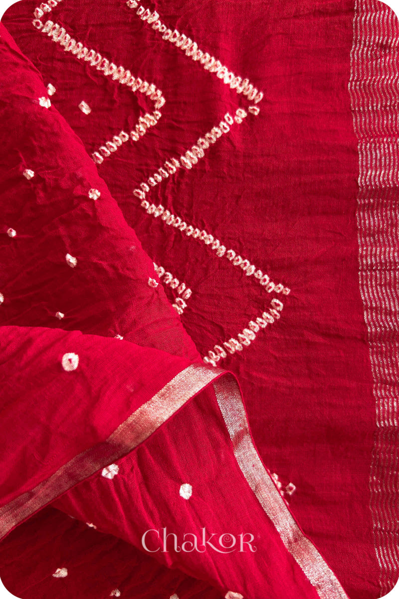 Red Bandhani Khadi Cotton Saree for Women's clothing online by Chakor.