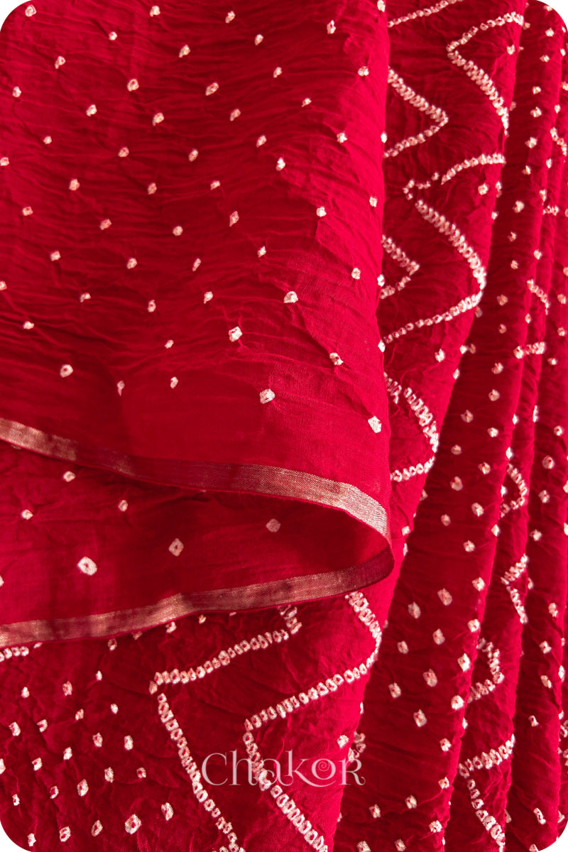 Red Bandhani Khadi Cotton Saree for Women's clothing online by Chakor.