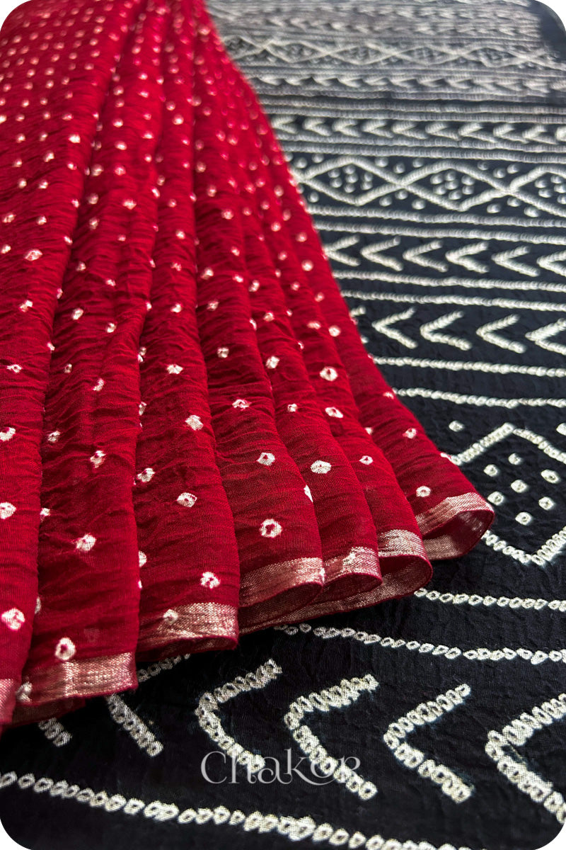 Maroon Black Bandhani Khadi Cotton Saree for Women's clothing online by Chakor.