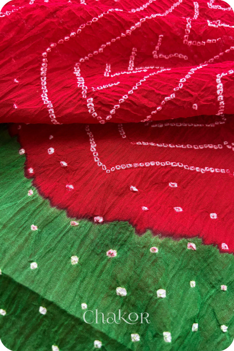 Mehendi Red Bandhani Khadi Cotton Saree for Women's clothing online by Chakor.