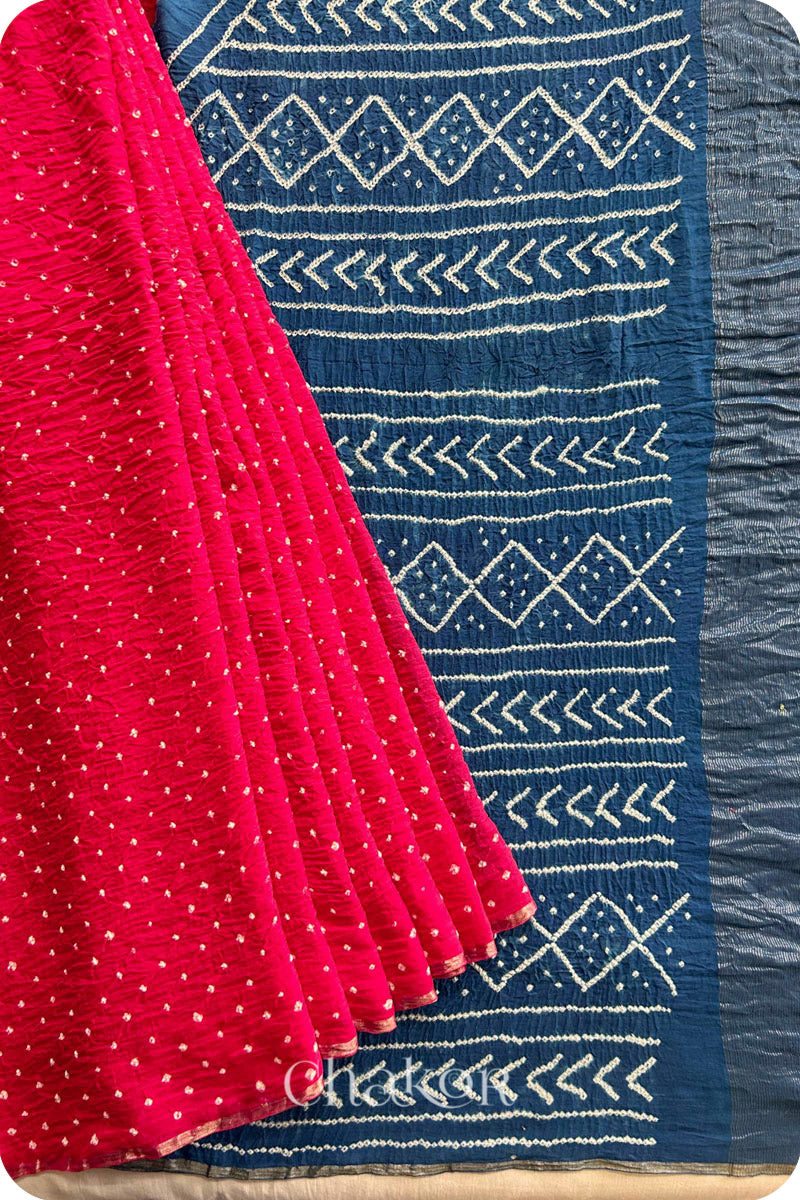 Strawberry Pink Indigo Bandhani Khadi Cotton Saree for Women's clothing online by Chakor.