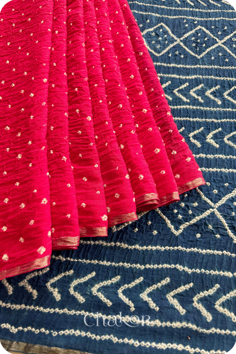 Strawberry Pink Indigo Bandhani Khadi Cotton Saree for Women's clothing online by Chakor.