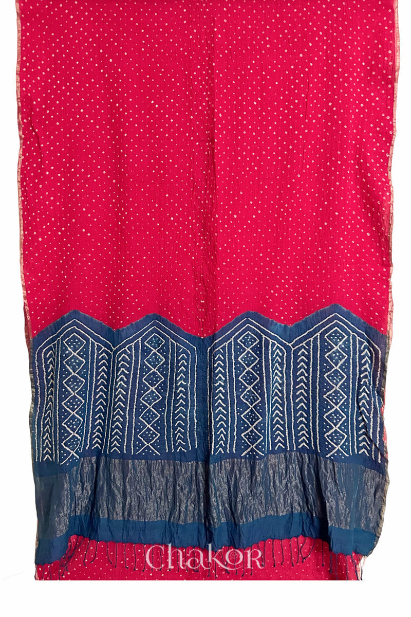 Strawberry Pink Indigo Bandhani Khadi Cotton Saree for Women's clothing online by Chakor.