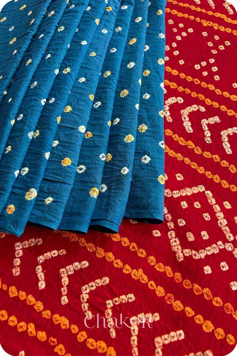 Indigo Red Indigo Bandhani Khadi Cotton Saree for Women's clothing online by Chakor.