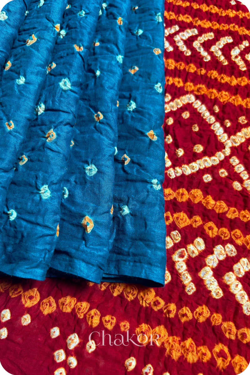 Indigo Red Bandhani Mul Cotton Saree