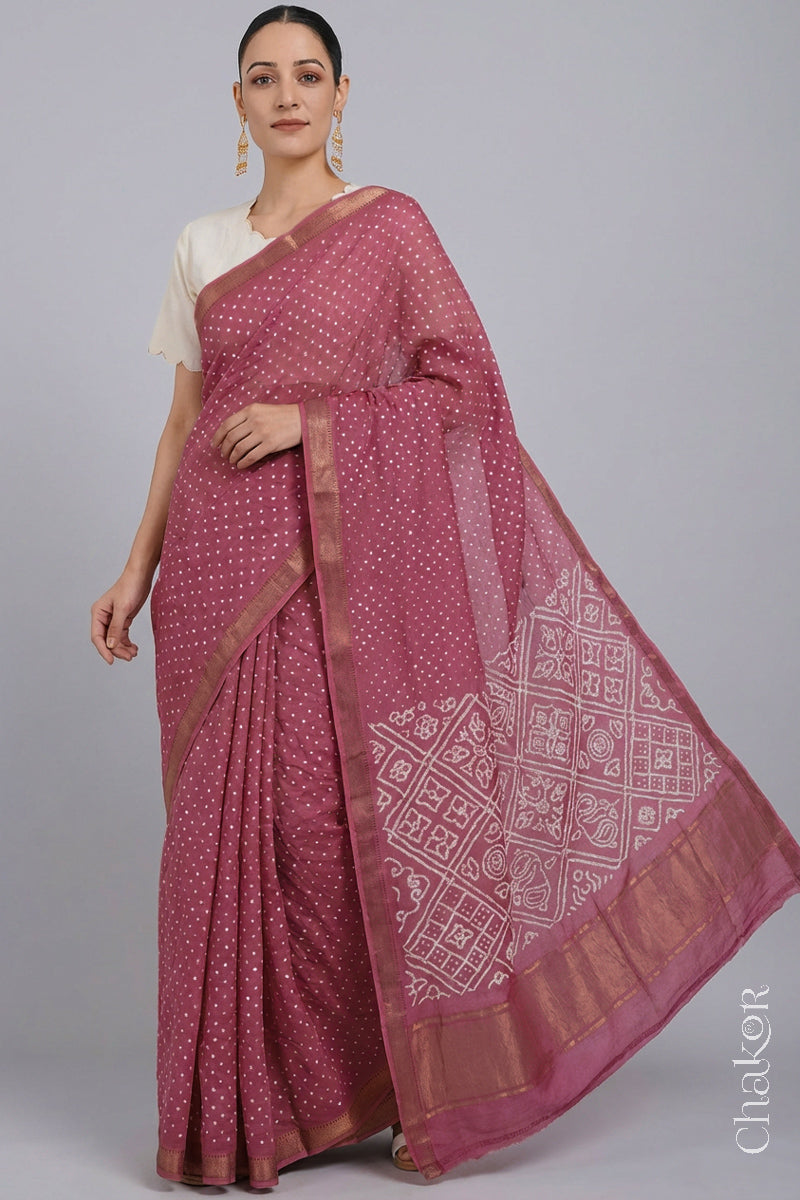 Old Rose Bandhani Handloom Mangalgiri Cotton Saree