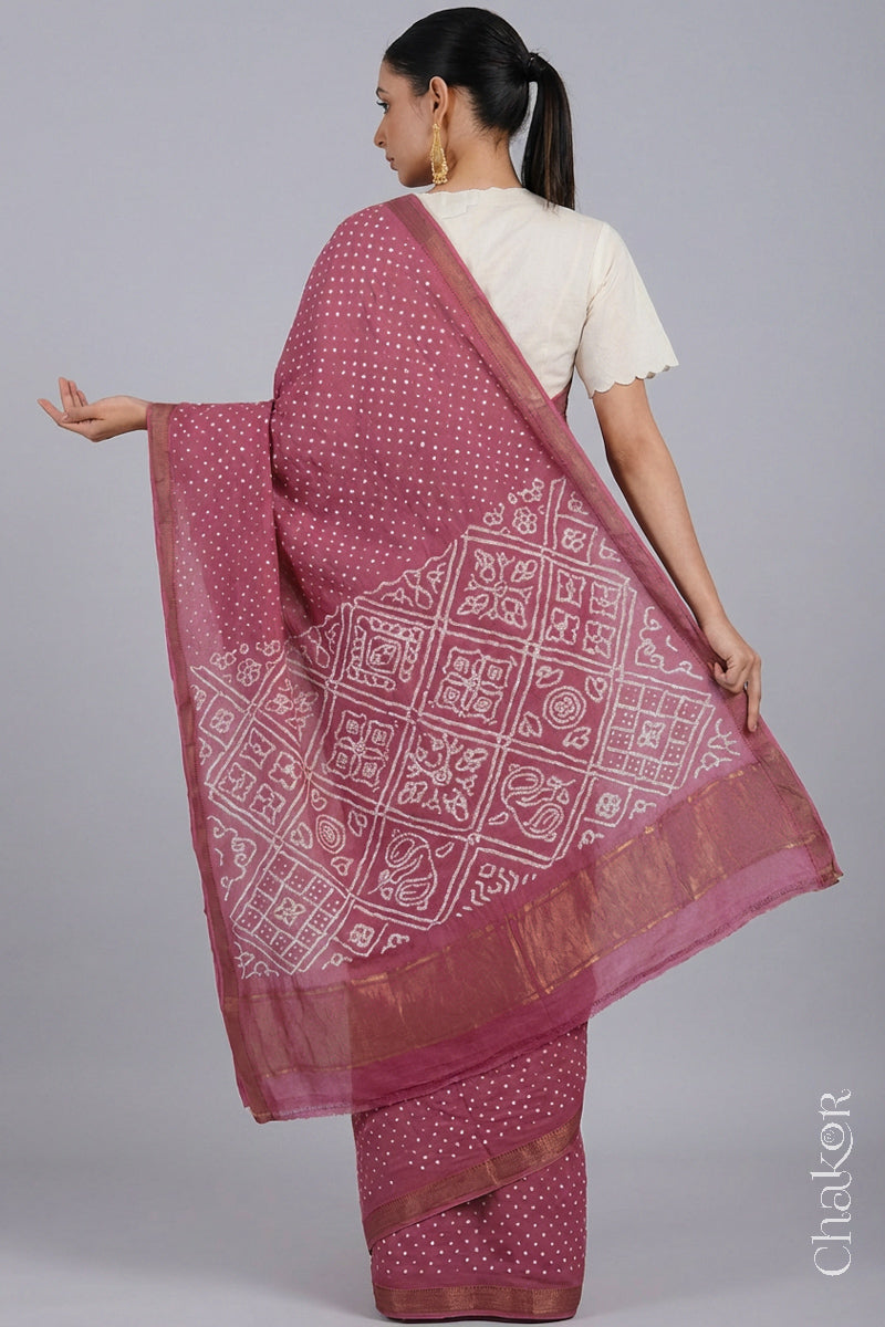 Old Rose Bandhani Handloom Mangalgiri Cotton Saree